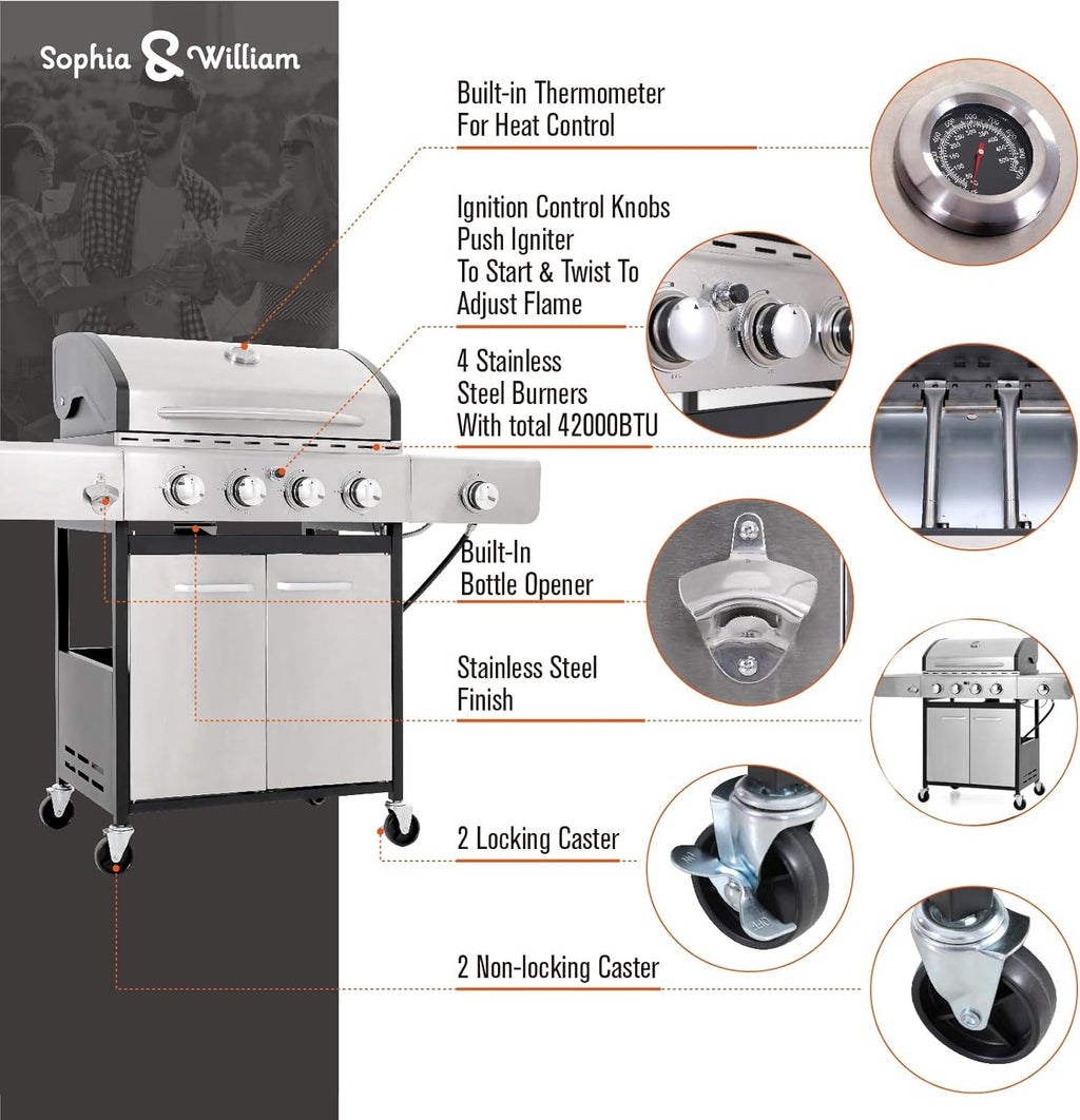 Burner Gas grill with side burner and enameled cast iron grille 42,000BTU outdoor cooking stainless steel propane grill Garden grill, silver