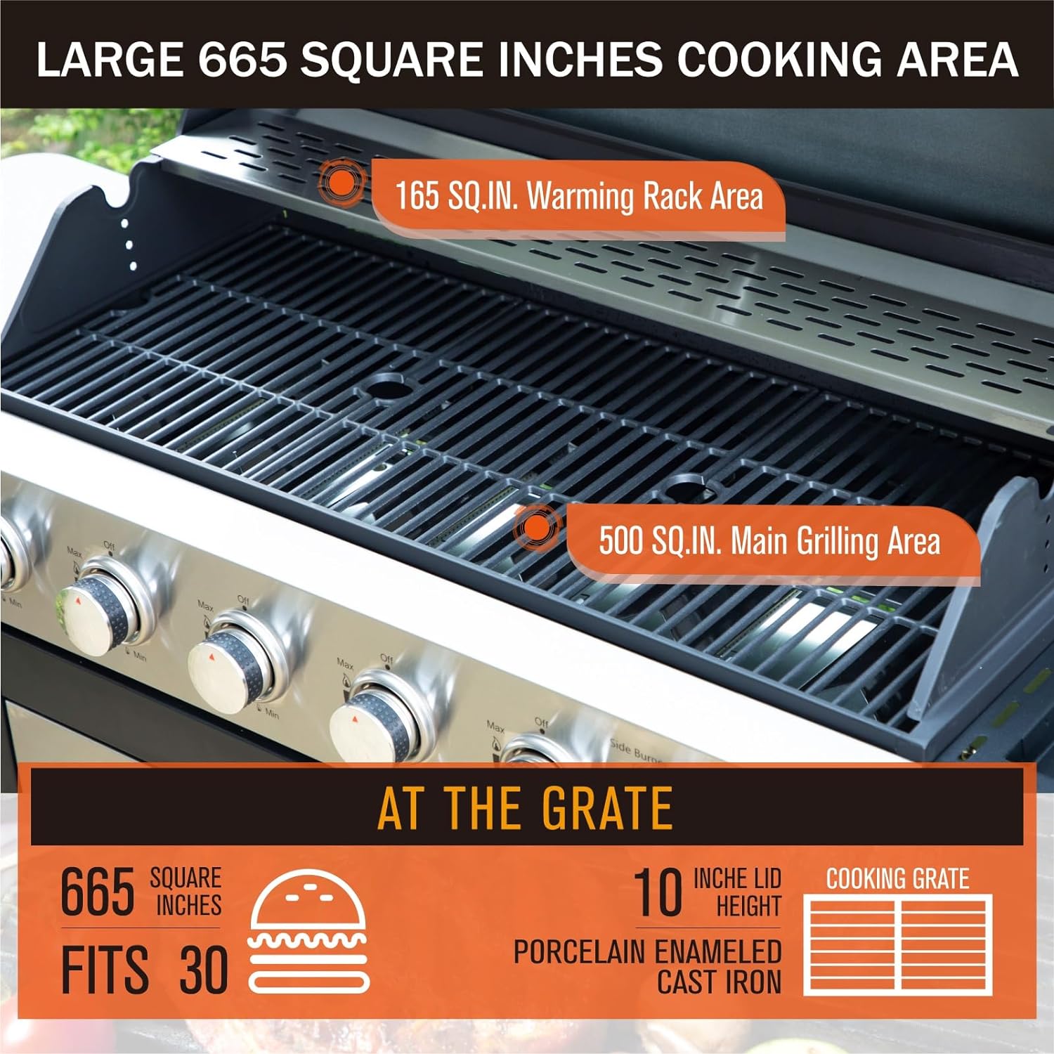 Burner Gas grill with side burner and enameled cast iron grille 42,000BTU outdoor cooking stainless steel propane grill Garden grill, silver
