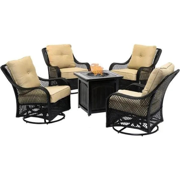5-Piece Steel Patio Fire Pit Conversation Set with Navy Blue Cushions, Swivel Gliders and Square Fire Pit Table