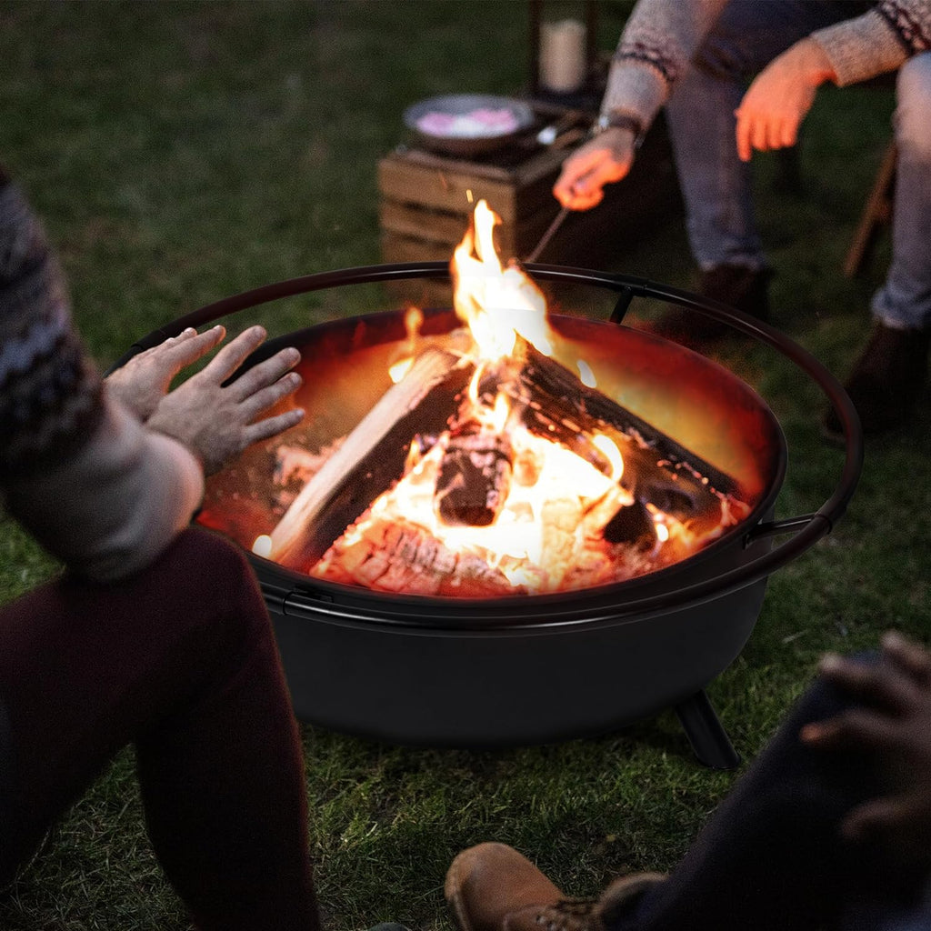 SUNCREAT 42” Patio Fire Pit Wood Burning with Mesh Spark Screen, Bonfire Outdoor firepit with Fireplace Poker, Black