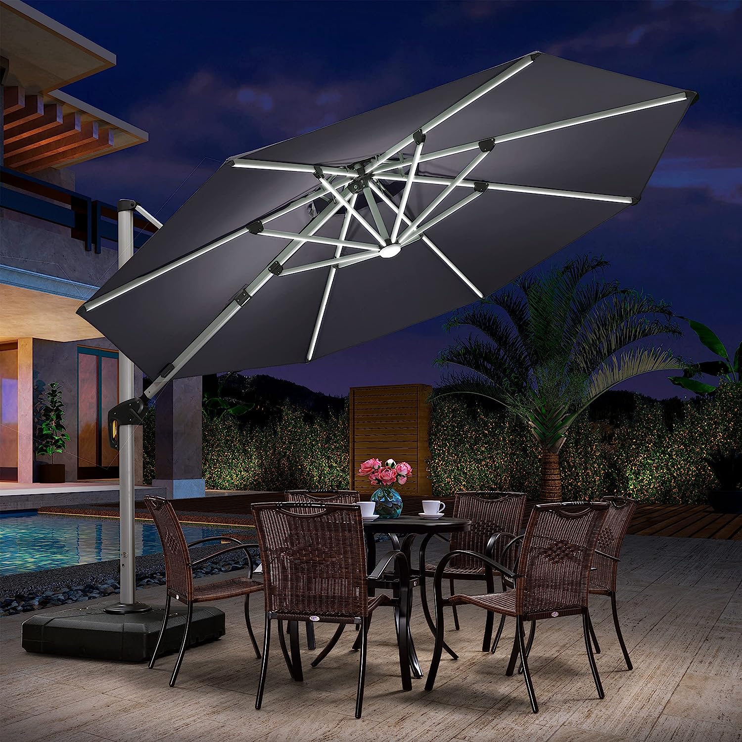 12ft Solar LED Patio Umbrella Outdoor Round Umbrella Large Cantilever Umbrella with LED Lights Windproof Bias Umbrella Heavy Duty Parasol for Garden Deck Pool Patio