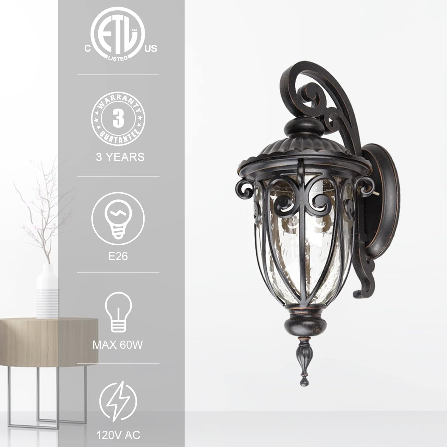 23" Large Outdoor Wall Light for Porch, 2 Pack Aluminium Exterior Wall Mount Lantern for House, Vintage Bronze Outside Wall Sconce with Clear Seeded Glass Shade for Garage